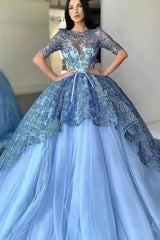 Gorgeous Jewel Half Sleeves Ball Gown Lace Evening Dress with Tulle Appliques