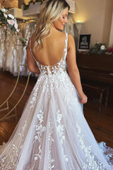 Graceful Ivory A-Line V-Neck Backless Long Lace Wedding Dress