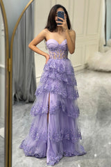 Glitter Purple Sweetheart Long Corset Tiered Prom Dress With Slit