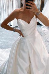 Timeless White Satin Long A-Line Wedding Dress with Slit