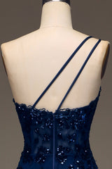 Glitter Dark Navy Tulle Long Corset Prom Dress With Appliques