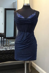 Glitter Navy Beaded Corset Lace-Up Back Tight Short Homecoming Dress