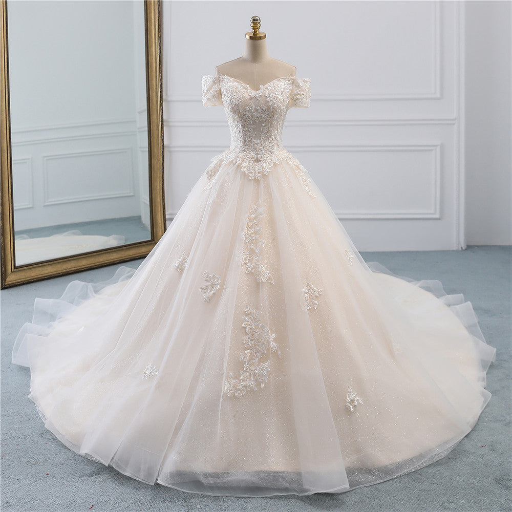 Princess Off-the-Shoulder Tulle Wedding Dress with Lace Appliques