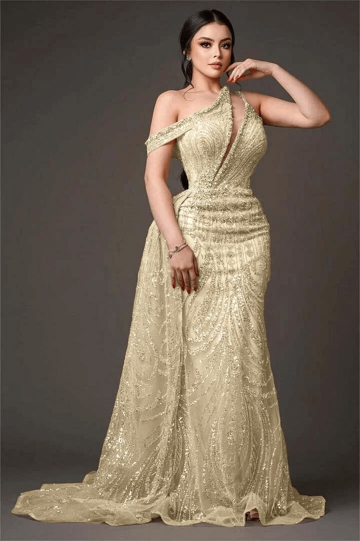 Champagne Mermaid Prom Dress Asymmetric Neck Beaded Formal Dress