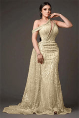 Champagne Mermaid Prom Dress Asymmetric Neck Beaded Formal Dress