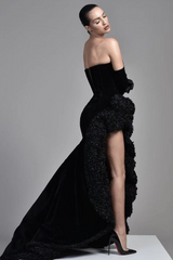 Black Samt Half Sleeves Off-the-Shoulder Evening Dress with High Slit