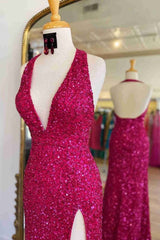 Sparkly Fuchsia Mermaid Halter Backless Long Sequins Prom Dress with Slit