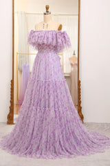 Light Purple Tulle A Line Off the Shoulder Long Prom Dress