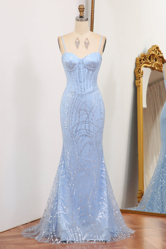 Glitter Light Blue Mermaid Long Prom Dress With Sequined Appliques