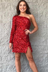 One Shoulder Glitter Sequins Homecoming Dress