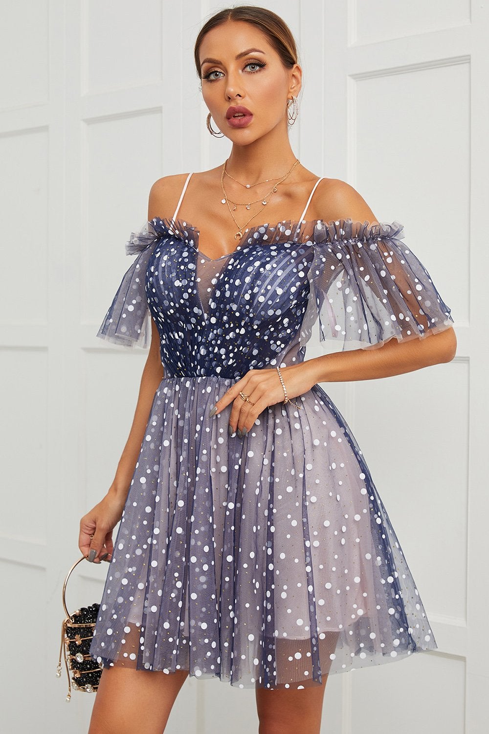 Navy Polka Dots Off Shoulder Cocktail Dress