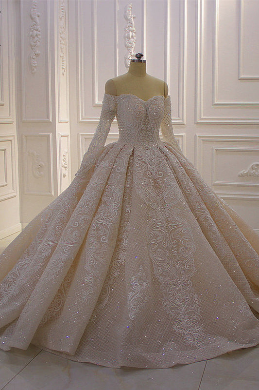 Off-the-Shoulder Long Sleeve Ball Gown Wedding Dress with Lace Appliques