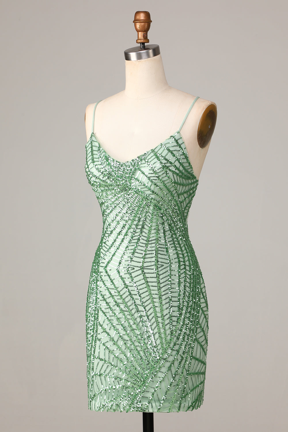 Sheath Spaghetti Straps Green Sequins Short Homecoming Dress with Criss Cross Back