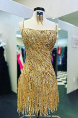 Sparkly Gold Spaghetti Straps Sequins Tight Short Hoco Dress with Fringes