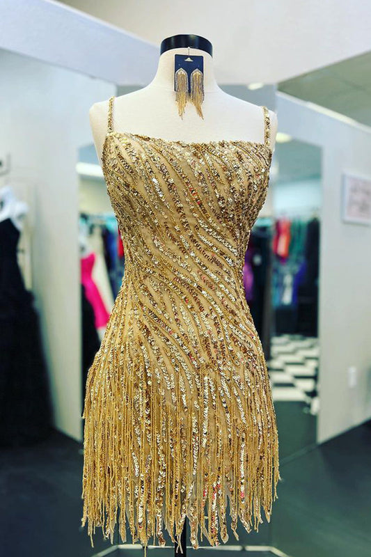 Gold Sparkly Sheath Spaghetti Strap Short Homecoming Dress with Tassels