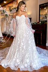 Ivory Sweetheart Corset Long Sleeves Lace Wedding Dress with Detachable Features