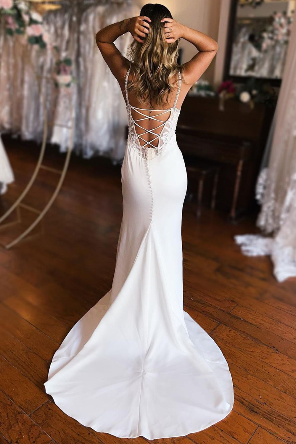 Classic White Lace-Up Back Wedding Dress with Slit