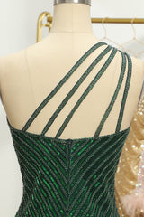 Glitter Dark Green One Shoulder Beaded Tight Homecoming Dress