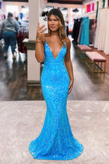 Sparkly Blue Spaghetti Straps Sequins Backless Prom Dress