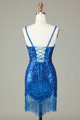 Sparkly Bodycon Spaghetti Straps Blue Sequins Short Homecoming Dress with Tassel