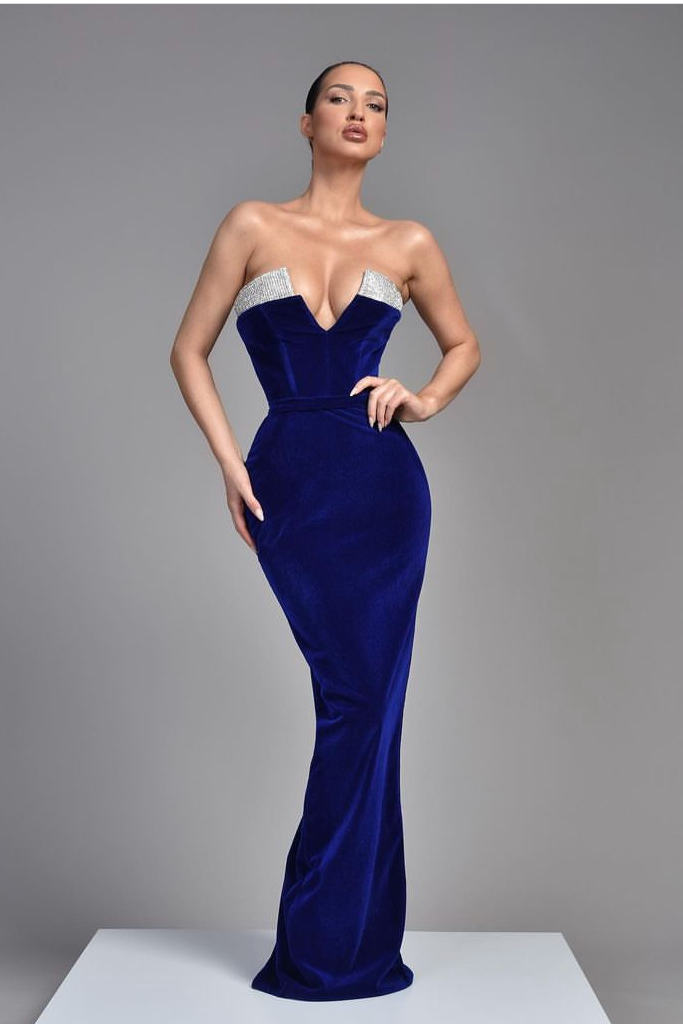 Royal Blue Sleeveless V Neck Samt Evening Dress