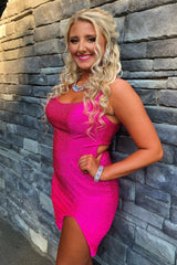 Sparkly Lace-Up Back Sequins Fuchsia Tight Short Homecoming Dress