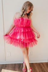 Pink Strapless A-Line Tiered Tulle Short Homecoming Dress