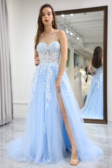 Sky Blue A Line Long Corset Appliqued Prom Dress With Slit