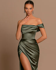 Off-The-Shoulder Sage Green Evening Dress Ball Gown Sleeveless Slit Pleated