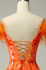 Sparkly Orange Sequins Off the Shoulder Mermaid Long Prom Dress with Feathers