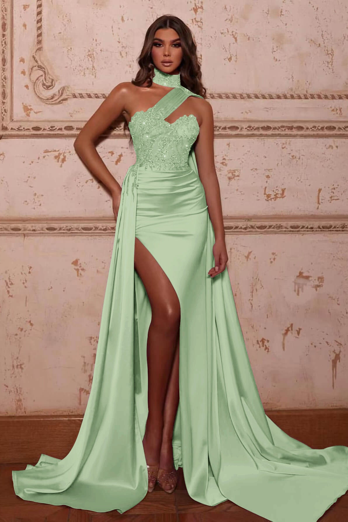 Mermaid Evening Dress with High Neck Split Beads and Ruffles