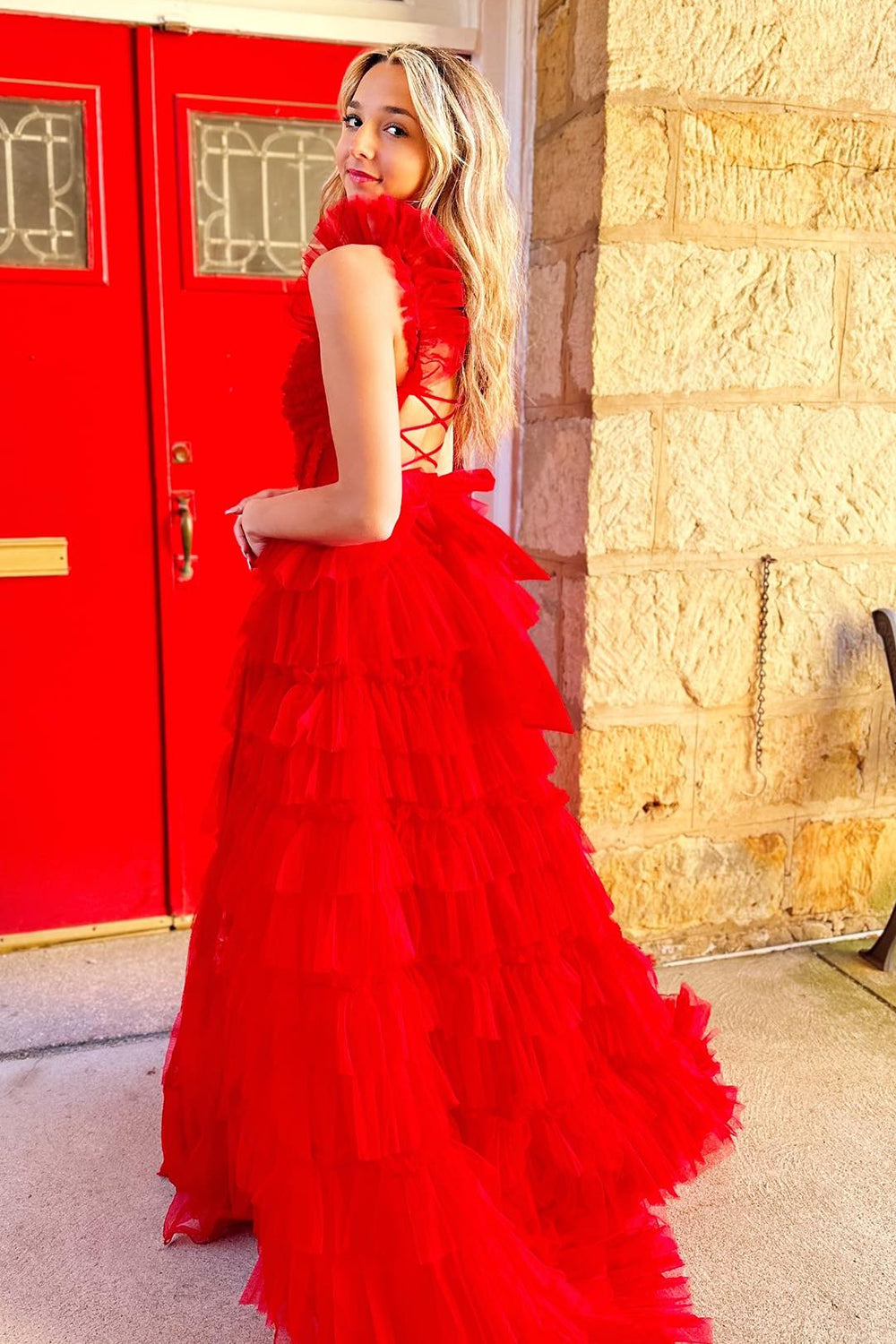 Red A-Line Corset Long Tulle Tiered Prom Dress with Slit