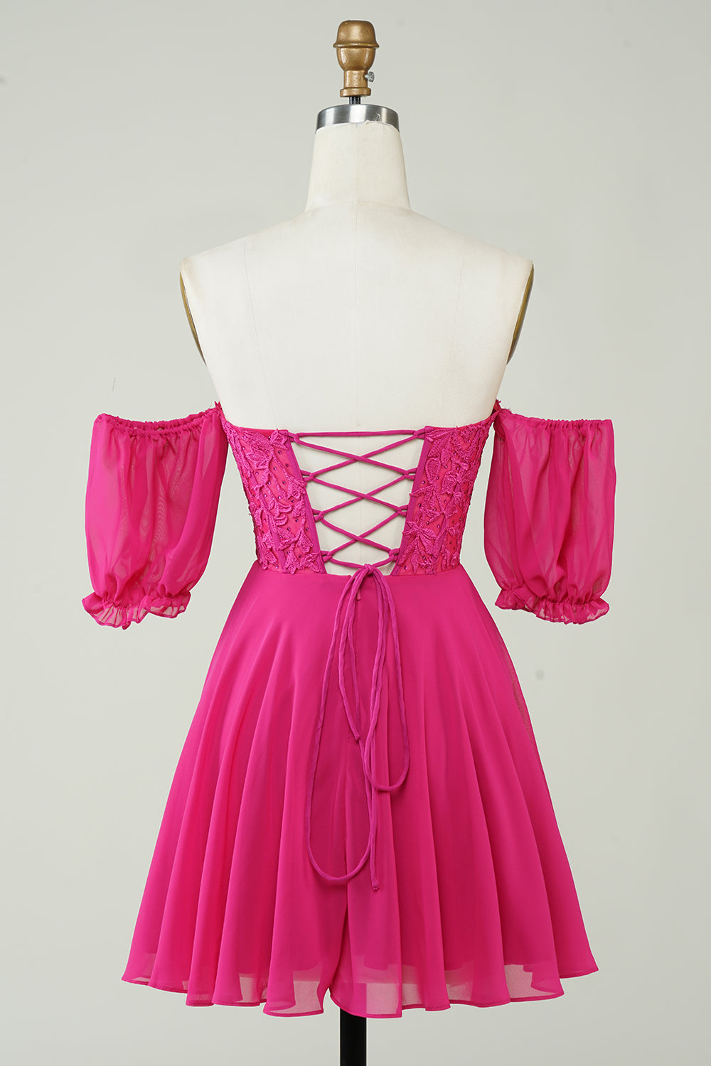 Sparkly Fuchsia Lace-Up Back A-Line Short Homecoming Dress with Lace