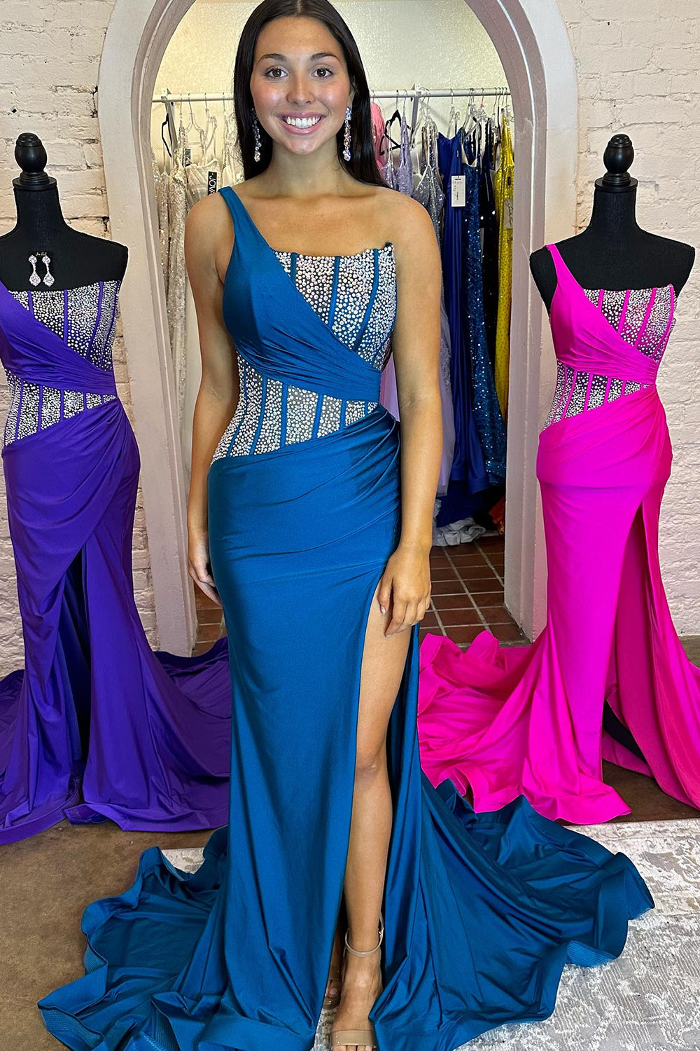 Sparkly Royal Blue Mermaid One Shoulder Long Corset Prom Dress With Slit