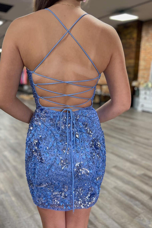 Sparkly Blue Sequined Beaded Backless Tight Short Homecoming Dress