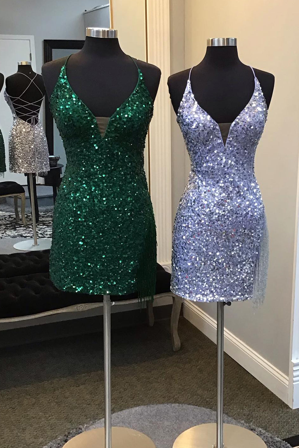 Sparkly Dark Green Sequin Tight Homecoming Dress with Fringes