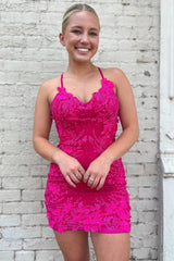 Sparkly Fuchsia Tight Short Homecoming Dress with Appliques