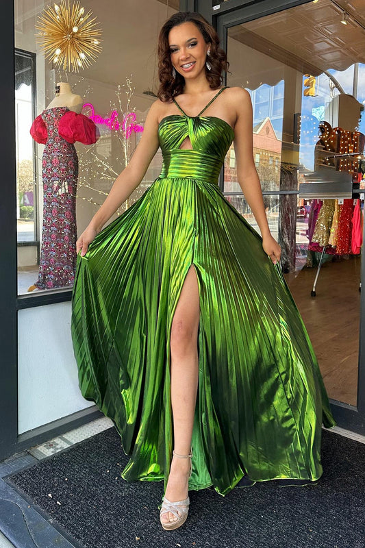 Glitter Green A Line Backless Long Prom Dress With Slit