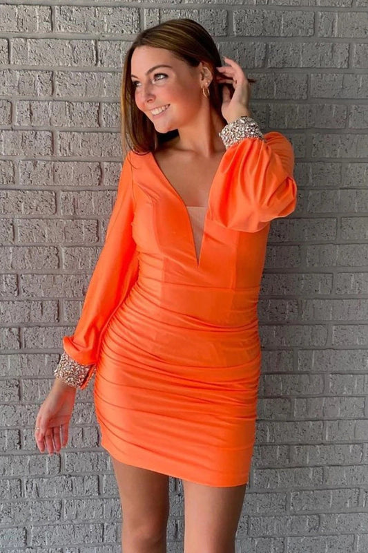 Orange Ruched Tight Homecoming Dress