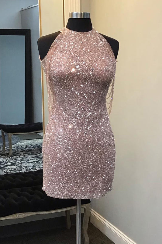 Sparkly Champagne Sequin Round Neck Tight Short Homecoming Dress with Fringes