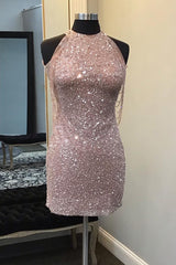 Sparkly Champagne Sequin Round Neck Tight Short Homecoming Dress with Fringes