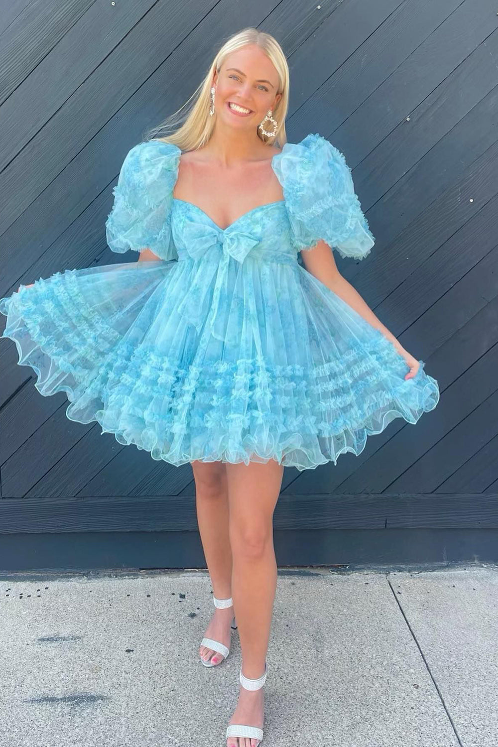 Blue Puff Sleeves A-Line Floral Short Homecoming Dress with Ruffles