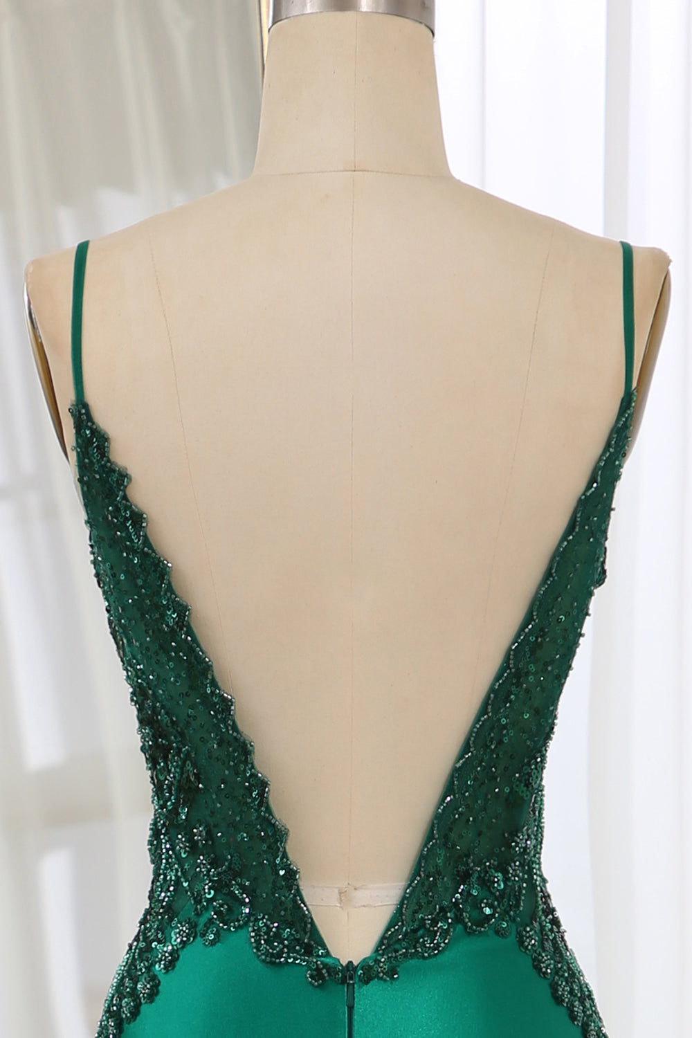 Glitter Dark Green Mermaid Backless Long Prom Dress With Beaded Appliques