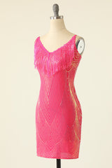 V-Neck Fuchsia Homecoming Dress With Fringes