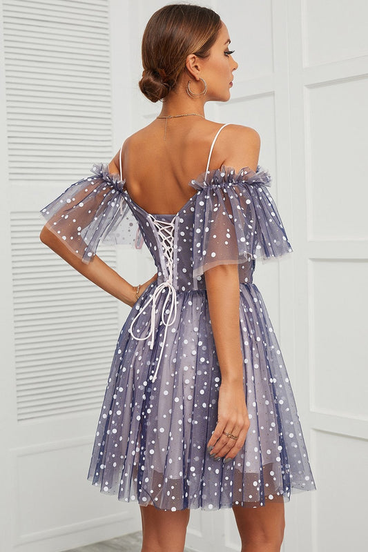 Navy Polka Dots Off Shoulder Cocktail Dress