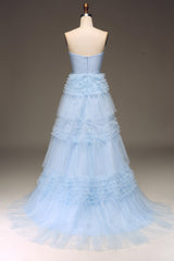 Light Blue A Line Long Tiered Prom Dress