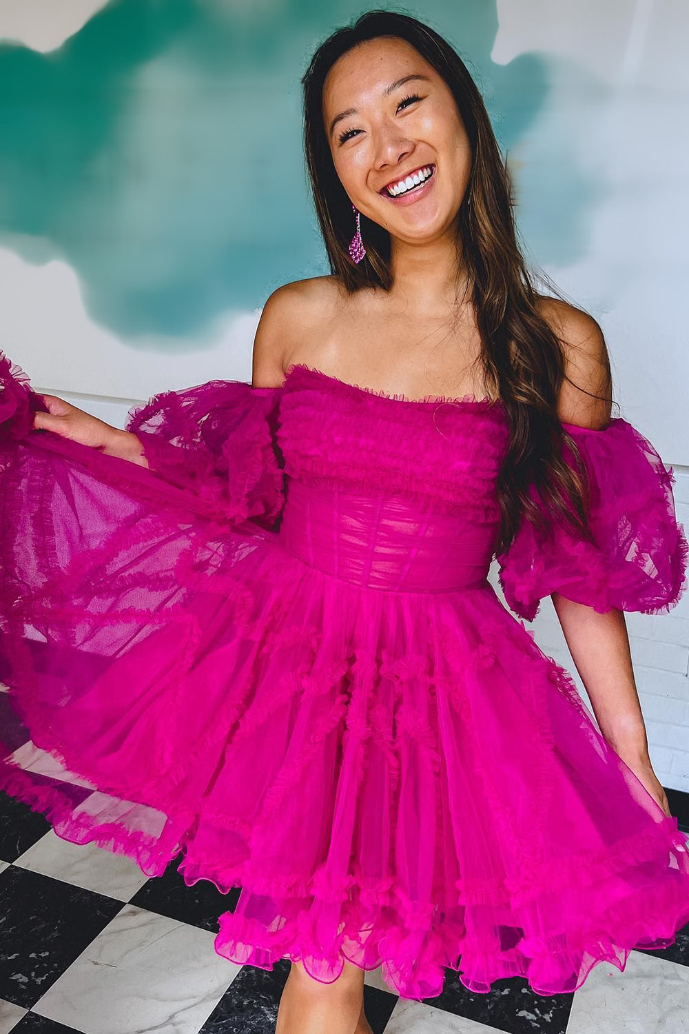 Fuchsia Corset Puff Sleeves A-Line Short Homecoming Dress with Ruffles