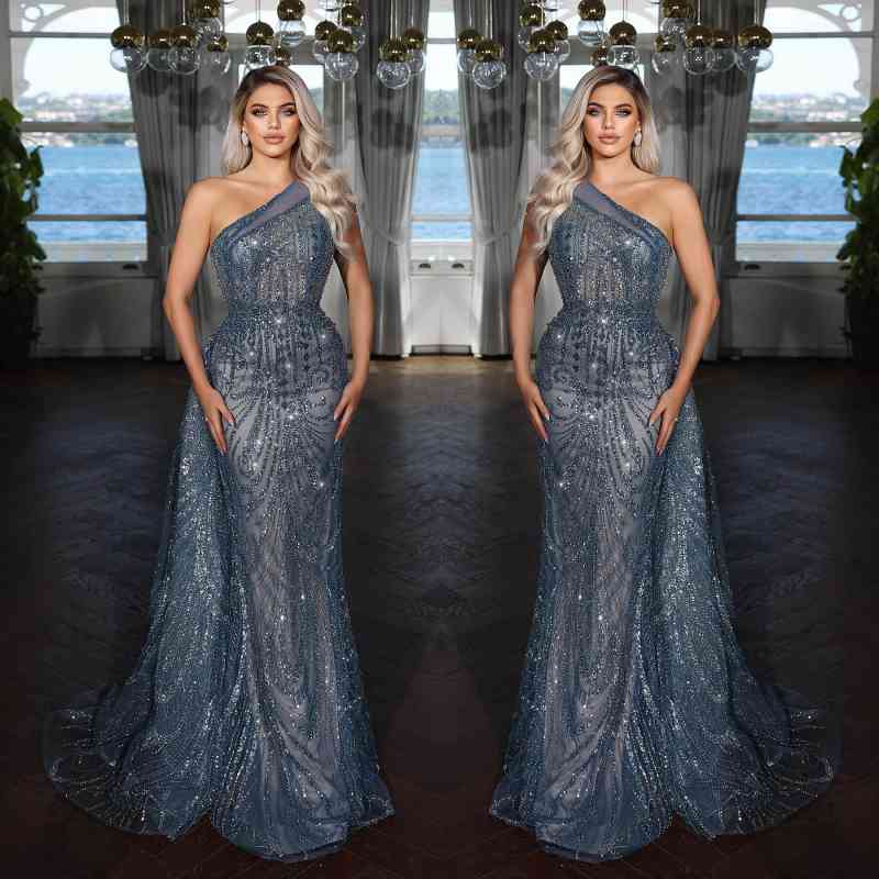 Elegant Dark Blue One-Shoulder Mermaid Evening Dress with Sequin Applique