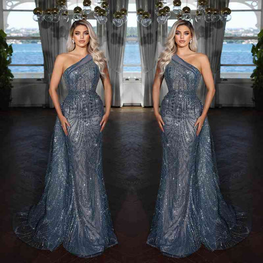 Elegant Dark Blue One-Shoulder Mermaid Evening Dress with Sequin Applique