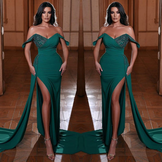 Emerald Off-The-Shoulder Mermaid Evening Dress with V-Neck and Ruffles Split